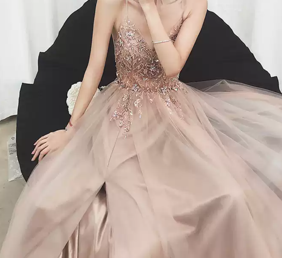 Glamorous Spaghetti Straps Pink Prom Dress Beading Slit Tulle A-Line Evening Dress C9031