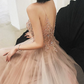 Glamorous Spaghetti Straps Pink Prom Dress Beading Slit Tulle A-Line Evening Dress C9031
