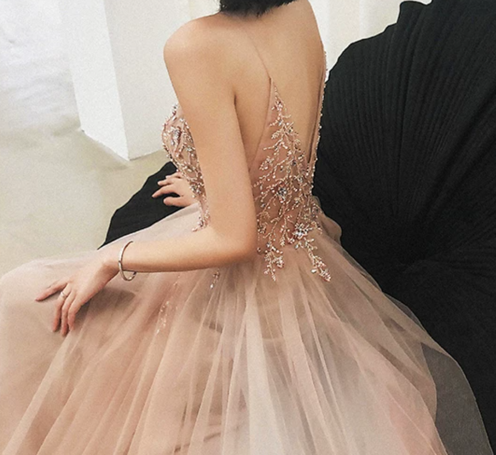 Glamorous Spaghetti Straps Pink Prom Dress Beading Slit Tulle A-Line Evening Dress C9031