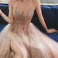 Glamorous Spaghetti Straps Pink Prom Dress Beading Slit Tulle A-Line Evening Dress C9031