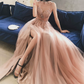 Glamorous Spaghetti Straps Pink Prom Dress Beading Slit Tulle A-Line Evening Dress C9031