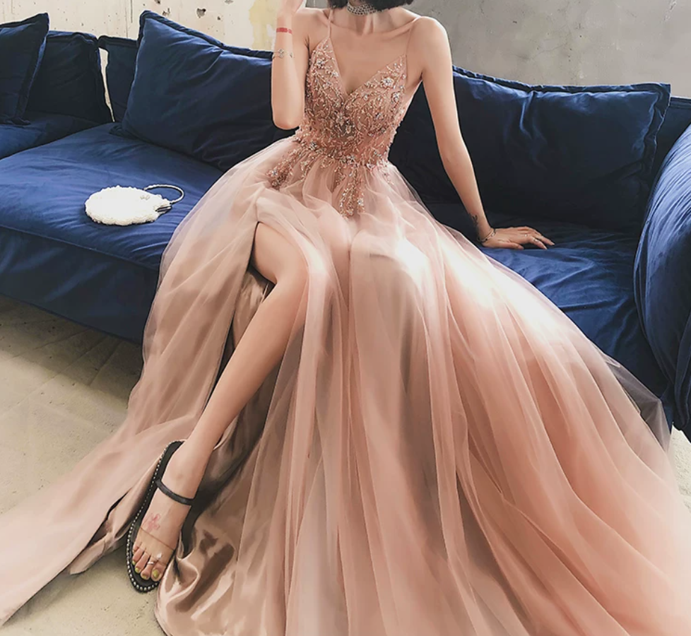 Glamorous Spaghetti Straps Pink Prom Dress Beading Slit Tulle A-Line Evening Dress C9031