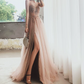 Glamorous Spaghetti Straps Pink Prom Dress Beading Slit Tulle A-Line Evening Dress C9031