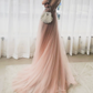 Glamorous Spaghetti Straps Pink Prom Dress Beading Slit Tulle A-Line Evening Dress C9031