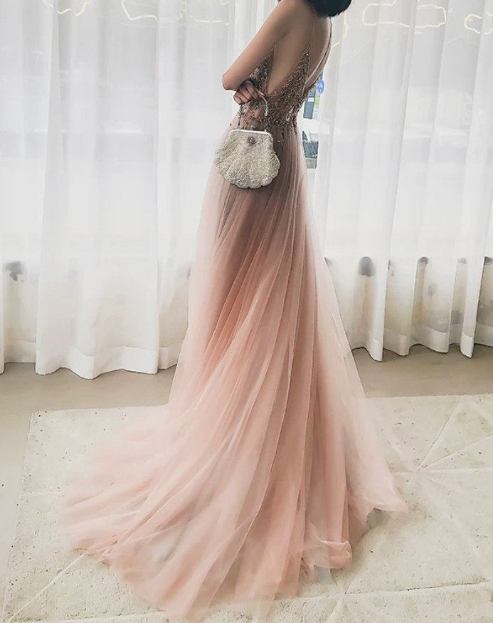 Glamorous Spaghetti Straps Pink Prom Dress Beading Slit Tulle A-Line Evening Dress C9031