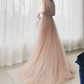 Glamorous Spaghetti Straps Pink Prom Dress Beading Slit Tulle A-Line Evening Dress C9031