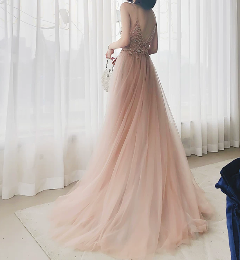 Glamorous Spaghetti Straps Pink Prom Dress Beading Slit Tulle A-Line Evening Dress C9031