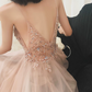 Glamorous Spaghetti Straps Pink Prom Dress Beading Slit Tulle A-Line Evening Dress C9031