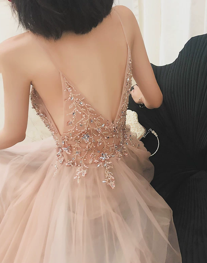 Glamorous Spaghetti Straps Pink Prom Dress Beading Slit Tulle A-Line Evening Dress C9031