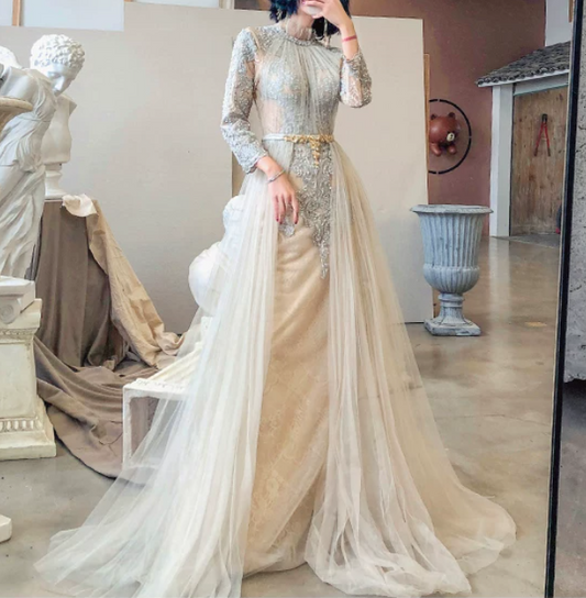 Sleek Long Sleeve High Collar Prom Dress Appliques Sequins Tulle A-Line Evening Dress C9036