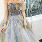 Glittering Strapless Blue & Gold Prom Dress Sequins Tulle A-Line Evening Dress C9037