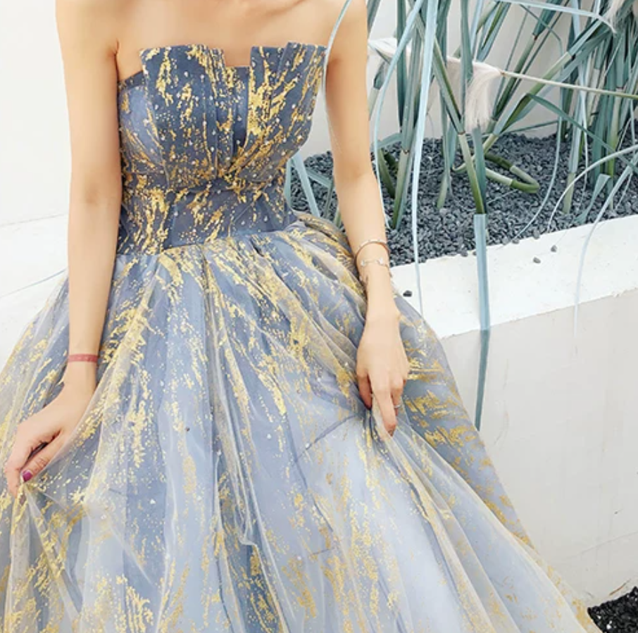 Glittering Strapless Blue & Gold Prom Dress Sequins Tulle A-Line Evening Dress C9037