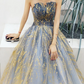 Glittering Strapless Blue & Gold Prom Dress Sequins Tulle A-Line Evening Dress C9037
