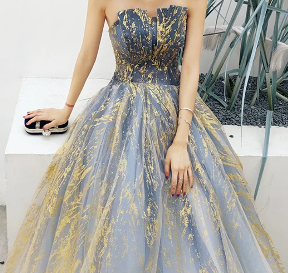 Glittering Strapless Blue & Gold Prom Dress Sequins Tulle A-Line Evening Dress C9037
