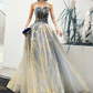 Glittering Strapless Blue & Gold Prom Dress Sequins Tulle A-Line Evening Dress C9037