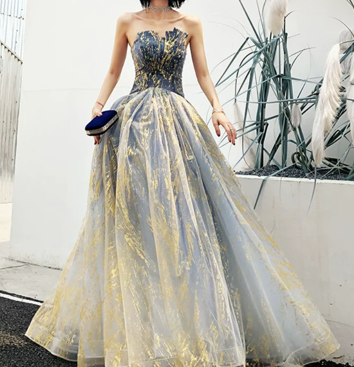 Glittering Strapless Blue & Gold Prom Dress Sequins Tulle A-Line Evening Dress C9037