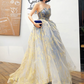 Glittering Strapless Blue & Gold Prom Dress Sequins Tulle A-Line Evening Dress C9037