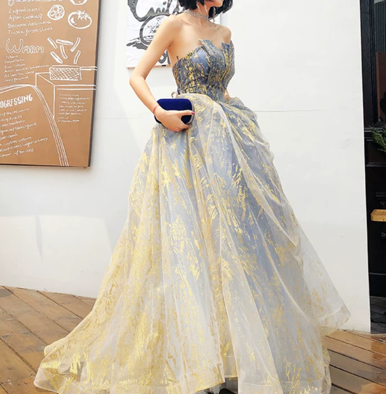 Glittering Strapless Blue & Gold Prom Dress Sequins Tulle A-Line Evening Dress C9037