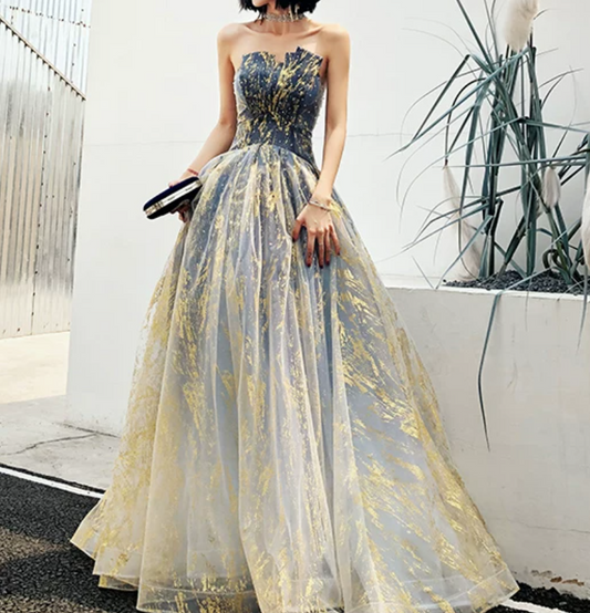 Glittering Strapless Blue & Gold Prom Dress Sequins Tulle A-Line Evening Dress C9037