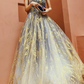 Glittering Strapless Blue & Gold Prom Dress Sequins Tulle A-Line Evening Dress C9037