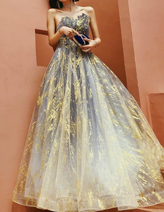 Glittering Strapless Blue & Gold Prom Dress Sequins Tulle A-Line Evening Dress C9037