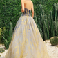Glittering Strapless Blue & Gold Prom Dress Sequins Tulle A-Line Evening Dress C9037