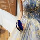 Glittering Strapless Blue & Gold Prom Dress Sequins Tulle A-Line Evening Dress C9037