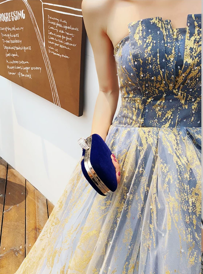 Glittering Strapless Blue & Gold Prom Dress Sequins Tulle A-Line Evening Dress C9037