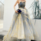Glittering Strapless Blue & Gold Prom Dress Sequins Tulle A-Line Evening Dress C9037