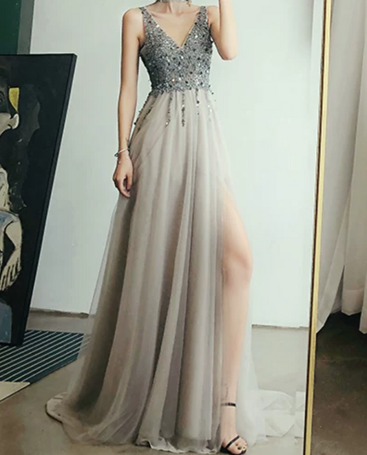 Luxurious V Neck Silver Prom Dress Sequins Tulle Slit A-Line Evening Dress C9038