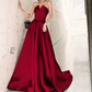 Elegant Red Slit Prom Dress Strapless Satin A-Line Evening Dress C9039