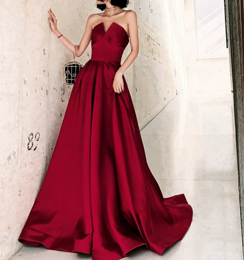 Elegant Red Slit Prom Dress Strapless Satin A-Line Evening Dress C9039