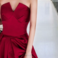 Elegant Red Slit Prom Dress Strapless Satin A-Line Evening Dress C9039