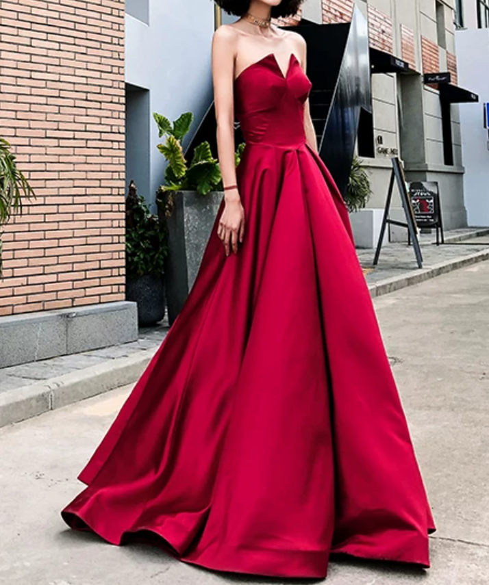Elegant Red Slit Prom Dress Strapless Satin A-Line Evening Dress C9039