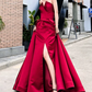 Elegant Red Slit Prom Dress Strapless Satin A-Line Evening Dress C9039