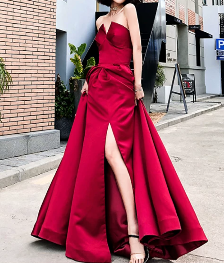 Elegant Red Slit Prom Dress Strapless Satin A-Line Evening Dress C9039