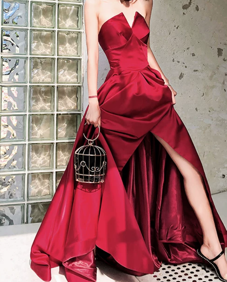Elegant Red Slit Prom Dress Strapless Satin A-Line Evening Dress C9039