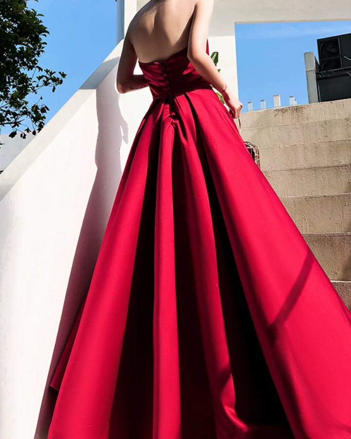 Elegant Red Slit Prom Dress Strapless Satin A-Line Evening Dress C9039