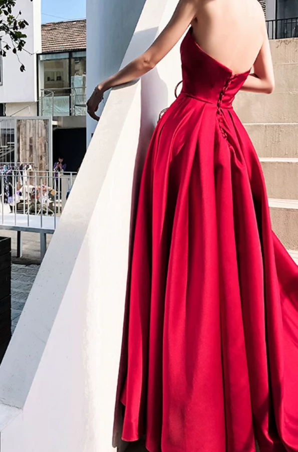 Elegant Red Slit Prom Dress Strapless Satin A-Line Evening Dress C9039