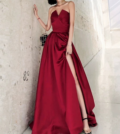 Elegant Red Slit Prom Dress Strapless Satin A-Line Evening Dress C9039