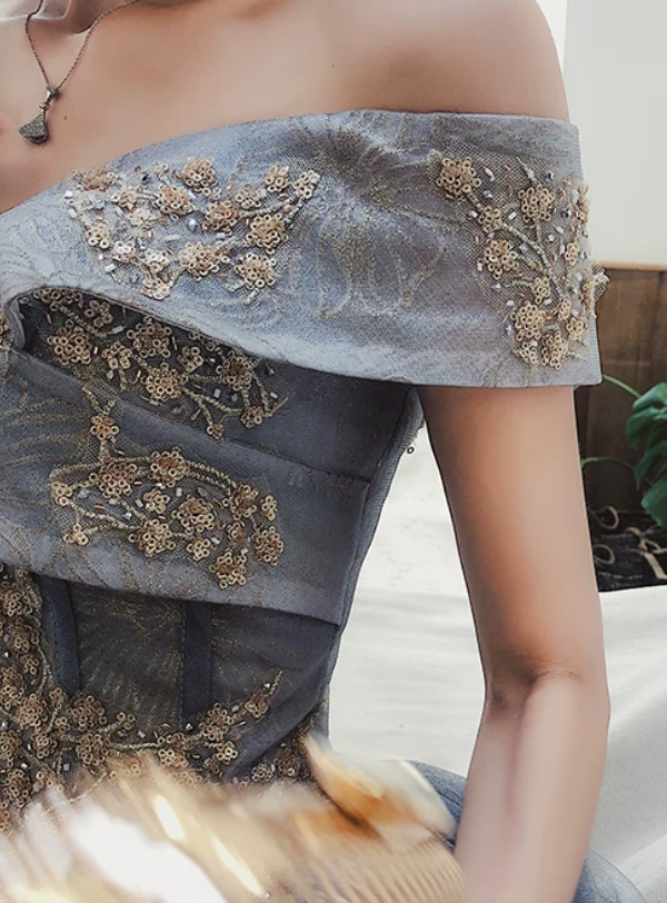Classy Off-Shoulder Blue Prom Dress Sequins Tulle A-Line Evening Dress C9041