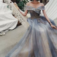 Classy Off-Shoulder Blue Prom Dress Sequins Tulle A-Line Evening Dress C9041