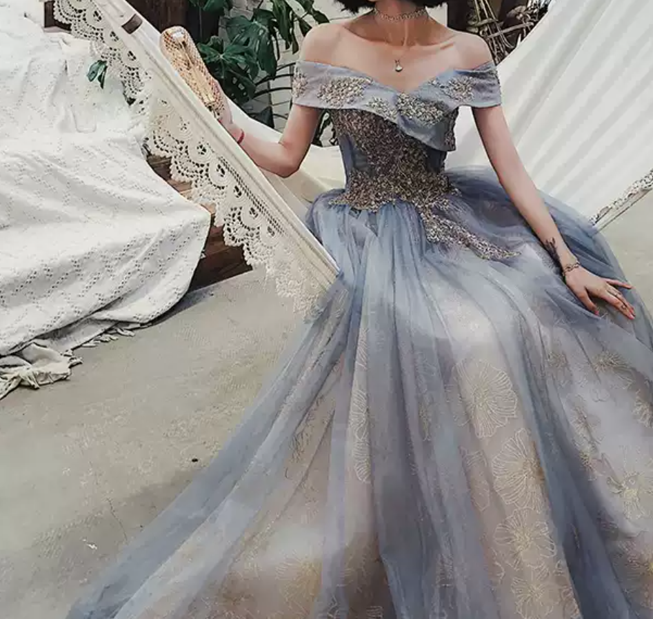 Classy Off-Shoulder Blue Prom Dress Sequins Tulle A-Line Evening Dress C9041