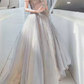 Classy Off-Shoulder Blue Prom Dress Sequins Tulle A-Line Evening Dress C9041