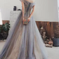 Classy Off-Shoulder Blue Prom Dress Sequins Tulle A-Line Evening Dress C9041