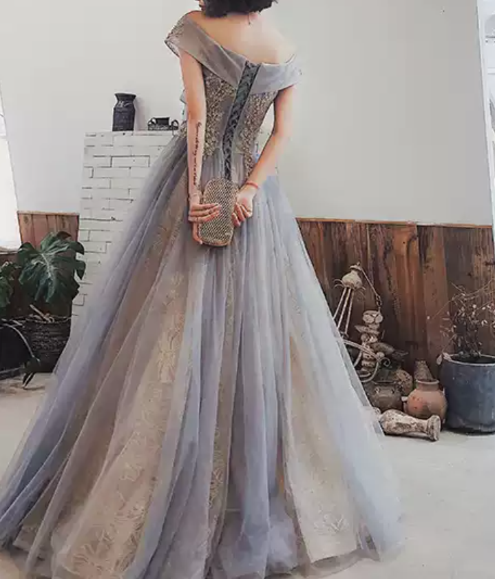 Classy Off-Shoulder Blue Prom Dress Sequins Tulle A-Line Evening Dress C9041