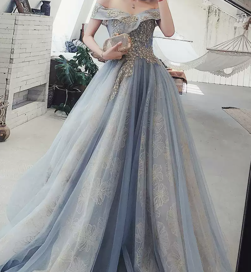 Classy Off-Shoulder Blue Prom Dress Sequins Tulle A-Line Evening Dress C9041