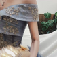 Classy Off-Shoulder Blue Prom Dress Sequins Tulle A-Line Evening Dress C9041