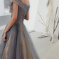 Classy Off-Shoulder Blue Prom Dress Sequins Tulle A-Line Evening Dress C9041