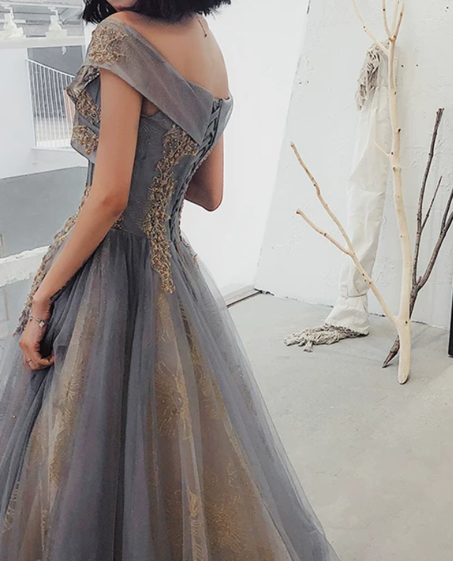 Classy Off-Shoulder Blue Prom Dress Sequins Tulle A-Line Evening Dress C9041